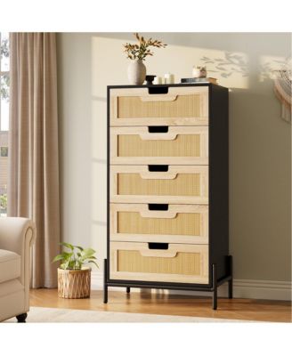 Fluted 6 Drawer Dresser for Bedroom - Natural Rattan Dresser TV Stand
