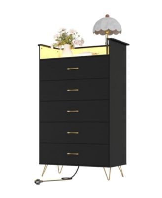 5 Drawer Wooden Dressers for Bedroom with LED Lights & Charging Station