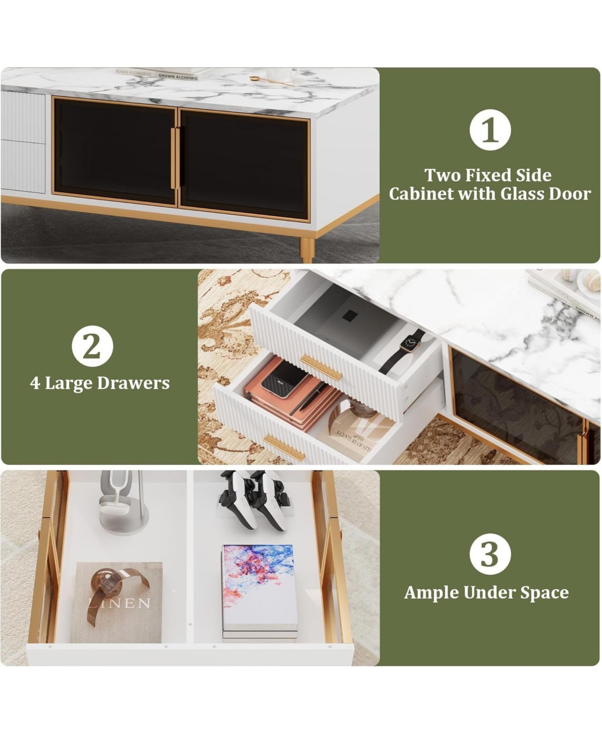 gaomon Coffee Table, Modern Coffee Table for Living Room with 4 Drawers, Glass-Front Cabinets, Faux Marble Fluted Panel Design