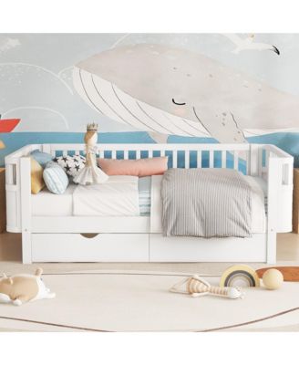 Twin Size Wood Platform Bed for Kids with Low Profile, Safety Rails & 2 Wheeled Storage Drawers