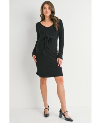 Maternity Ribbed Knit Tie-Front V Neck Dress