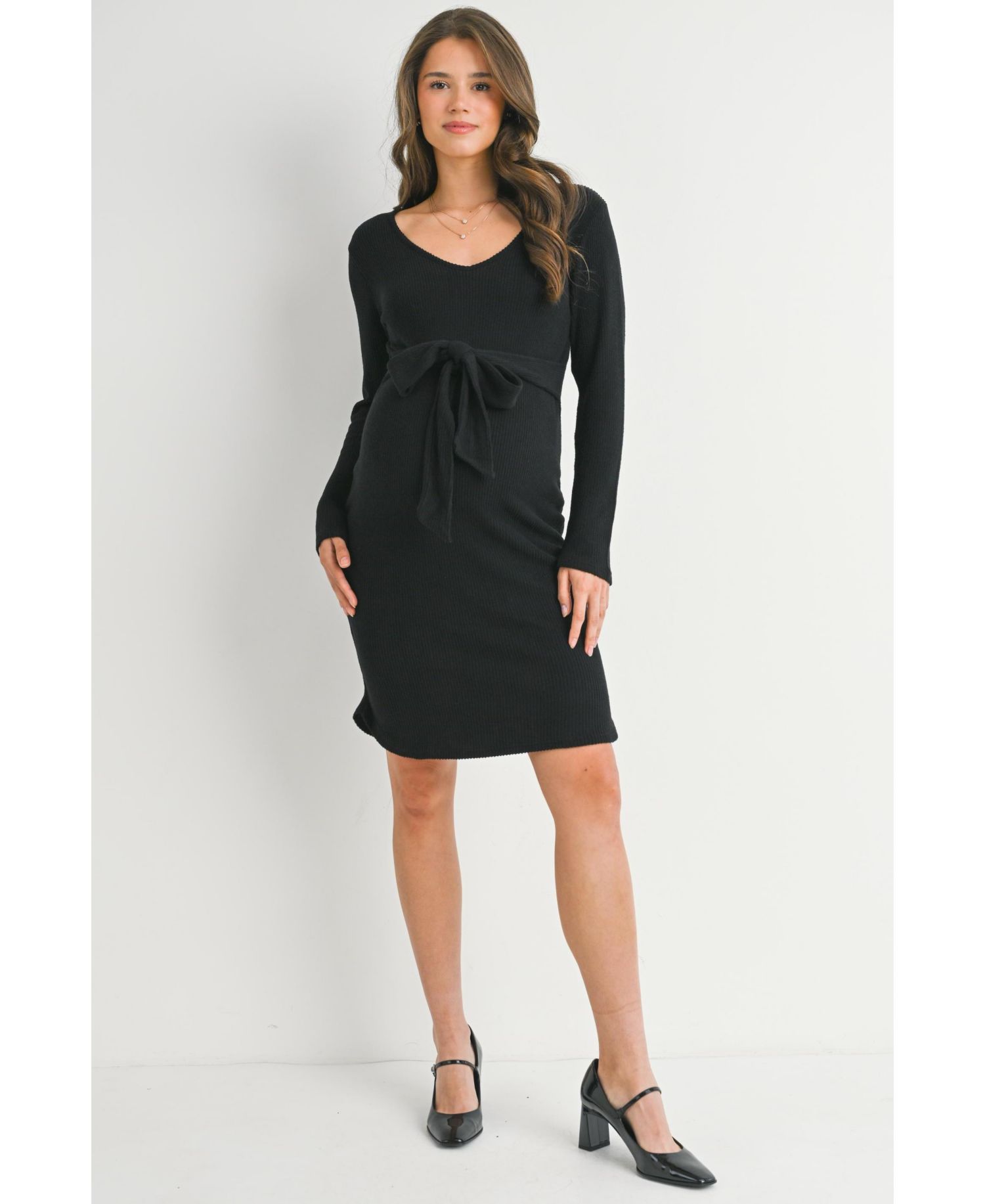 Women's Ribbed Knit Tie-Front V Neck Dress
