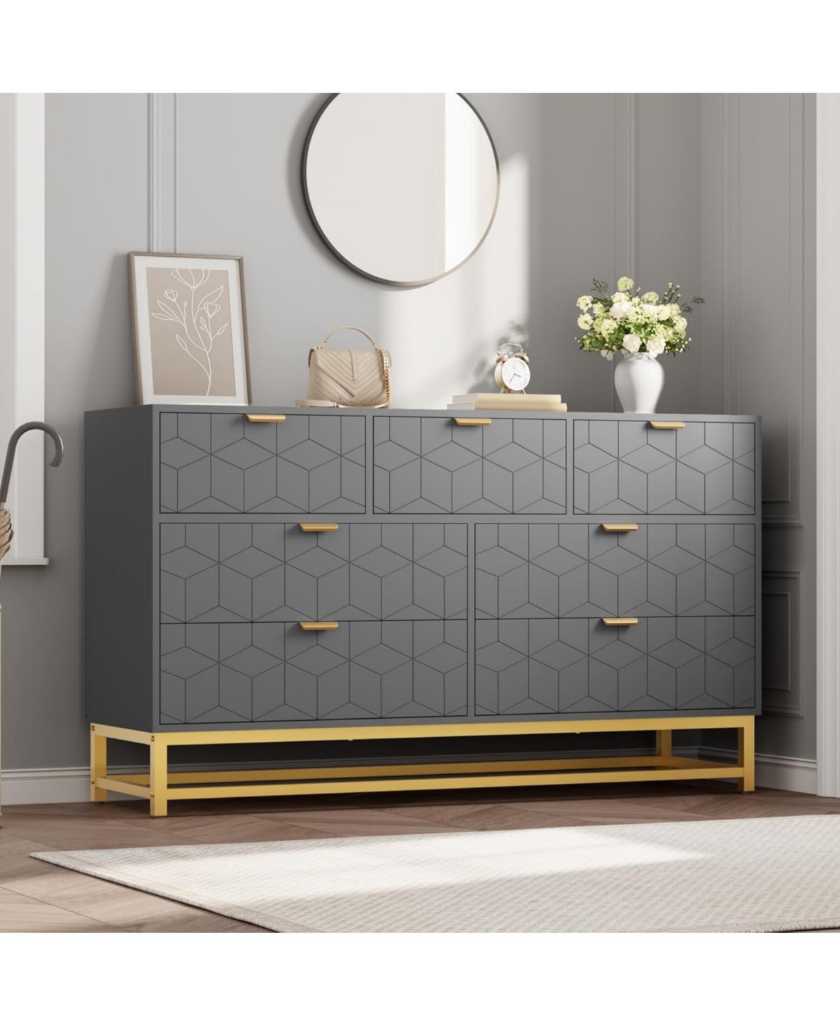 gaomon 53.5 Inch Grey 7-Drawer Modern Dresser, Gold Metal Handle & Legs, Chest Storage Organizer for Closet, Entryway