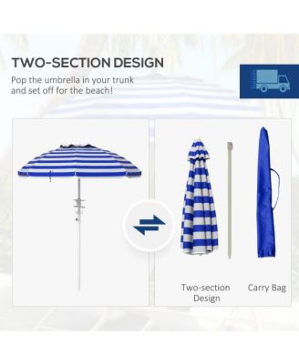 5.7ft Portable Beach Umbrella with Tilt Adjustable Height 2 Cup Holders Hooks UV 40 Plus Blue White Stripe