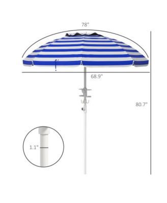 5.7ft Portable Beach Umbrella with Tilt Adjustable Height 2 Cup Holders Hooks UV 40 Plus Blue White Stripe