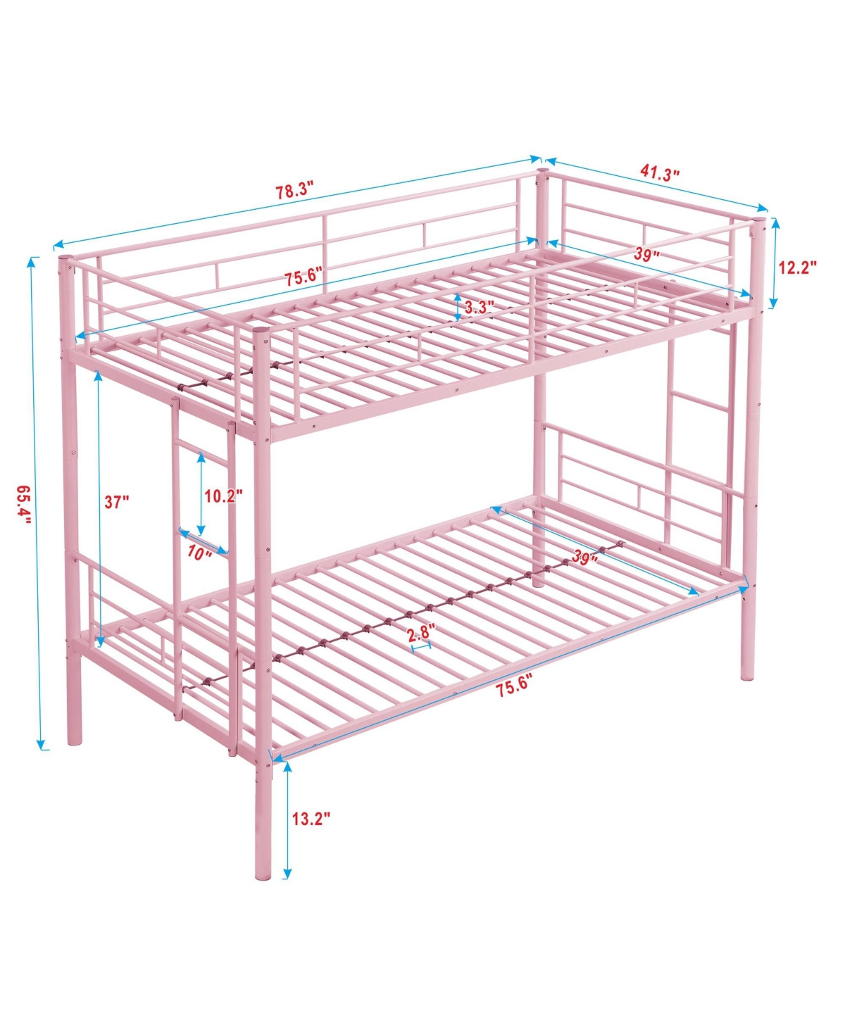 Boyel Living Metal Bunk Bed Pink Twin Over Twin, No Box Spring Needed, Easy Assemble with Safe Stairs