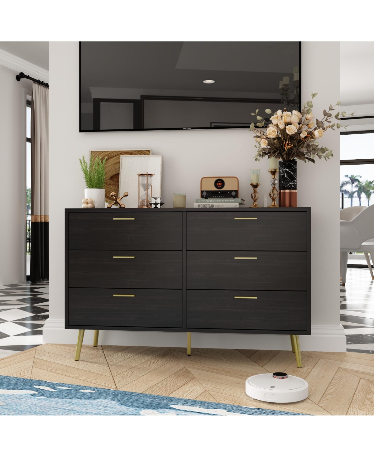 Homsee Black Wood Dresser Chest of Drawer With 6 Drawers