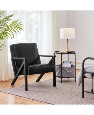 Faux Leather Armchair with Z-shaped Wood Legs