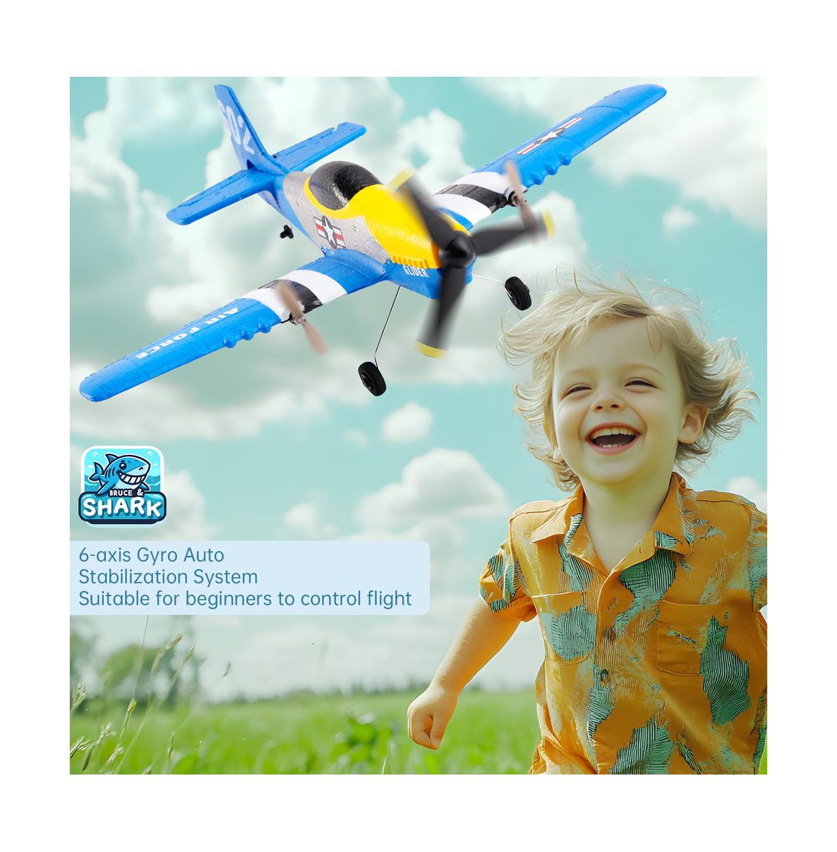 Bruce & Shark 2.4G 3-Channel Rc Plane with Auto-Stable 6-Axis & Durable Epp, Includes 2 Batteries