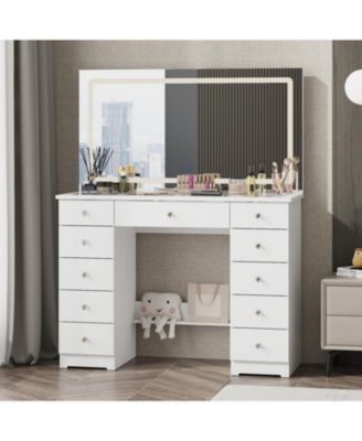 11-Drawer Vanity with 3 Color LED Mirror, Tempered Glass Countertop,Crystal Handle, Makeup Table,Chest