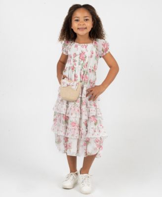 Girls' 2T-6X Twin Print Floral Chiffon Smocked Puff Sleeve Dress