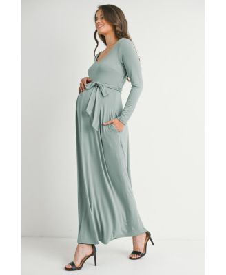Maternity V Neck Long Sleeve Tie Waist Maxi Dress