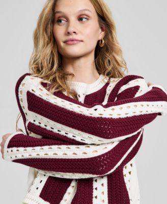 Women's Crewneck Stripe Crochet Sweater