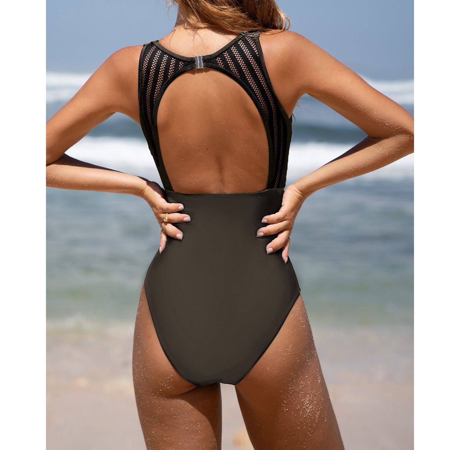 Women's Tummy Control High Neck Cutout Back Hook Mesh One Piece Swimsuit