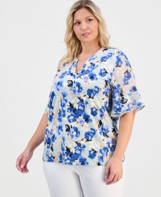 Plus Size Split-Neck Ruffle-Cuff Top