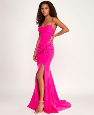 B Darlin Juniors Drape Neck Shiny Knit Gown with Corset Bodice and
