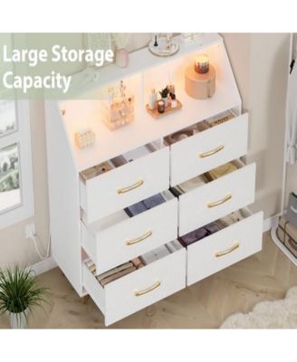 6-Drawer Modern Dresser with LED Light, Charging Station, Storage Shelf, Gold Legs, 47" Cabinet for Bedroom, Living Room