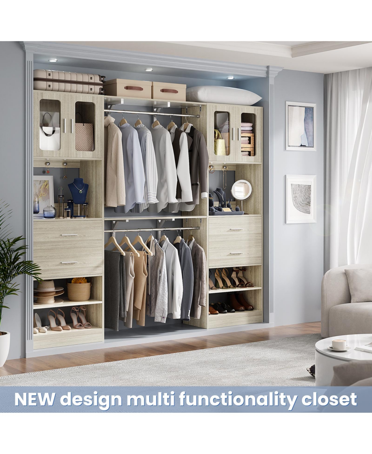 Aheaplus 5FT Closet Organizer with Drawers, Hanging Rod, Reversible Shelves, and Cabinet