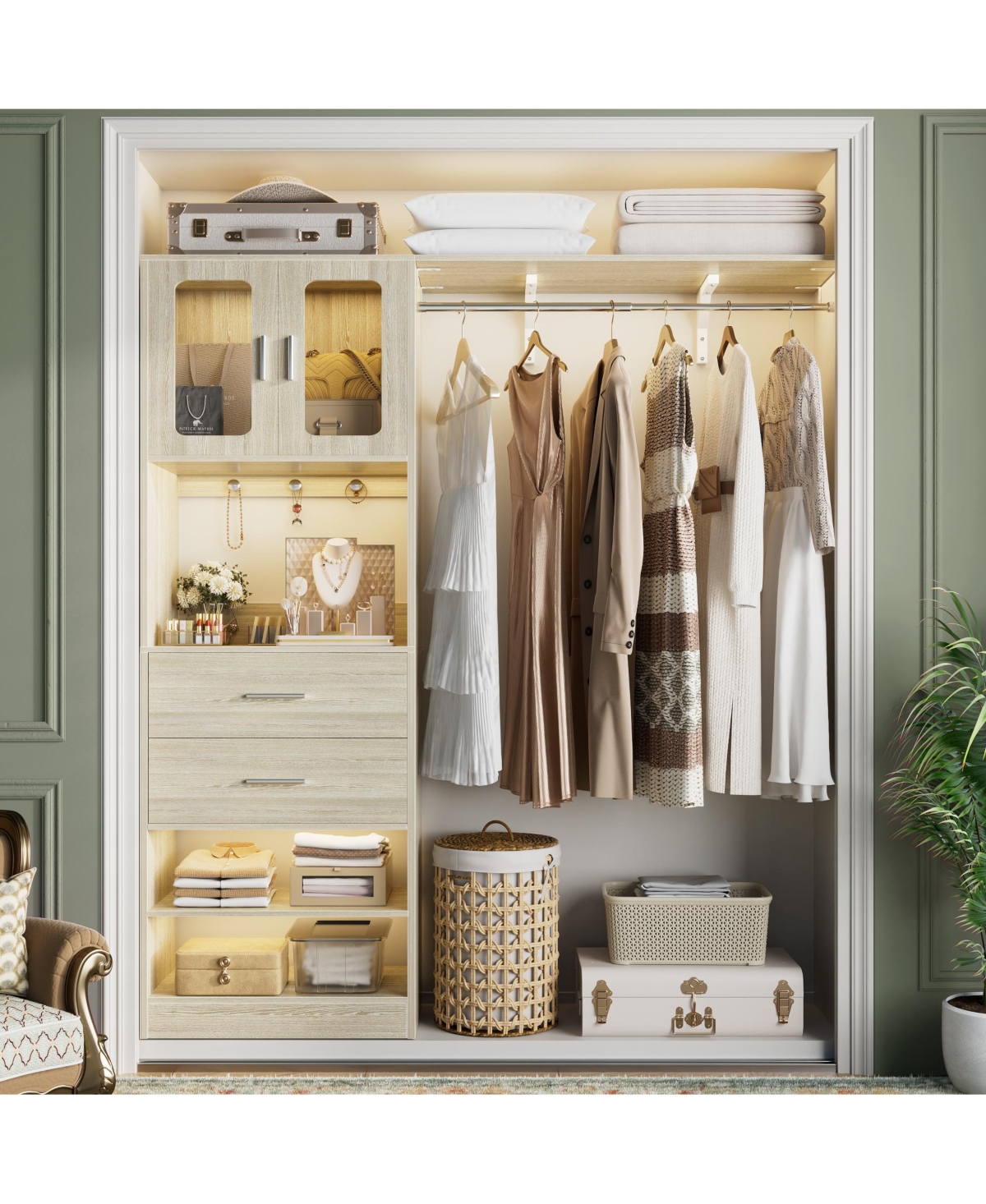 Aheaplus 5FT Closet Organizer with Drawers, Hanging Rod, Reversible Shelves, and Cabinet