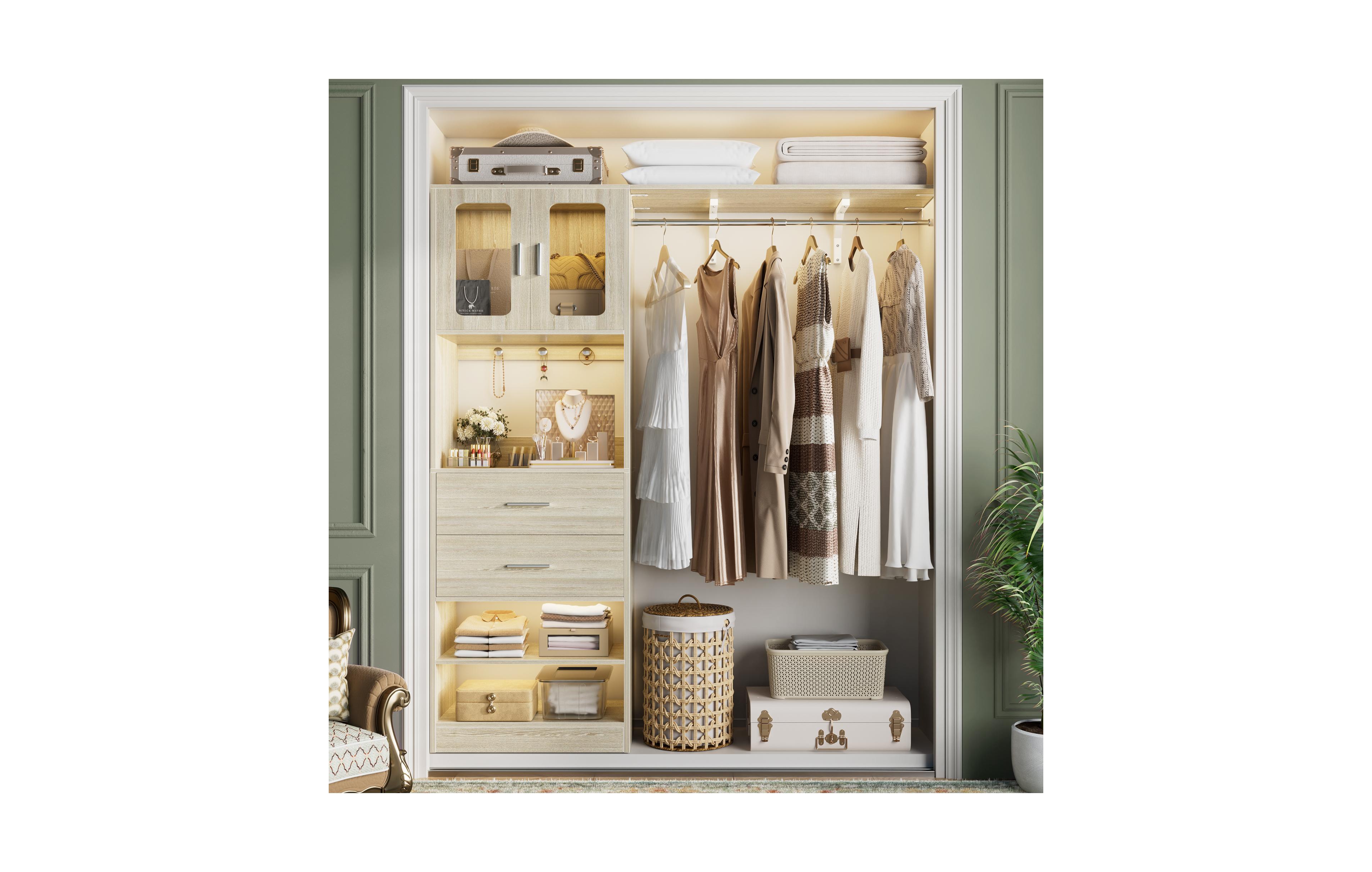 Aheaplus 5FT Closet Organizer with Drawers, Hanging Rod, Reversible Shelves, and Cabinet