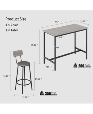 Bar Table Set with 4 Bar stools PU Soft seat with backrest, Grey, 47.24'' L x 23.62'' W x 35.43'' H