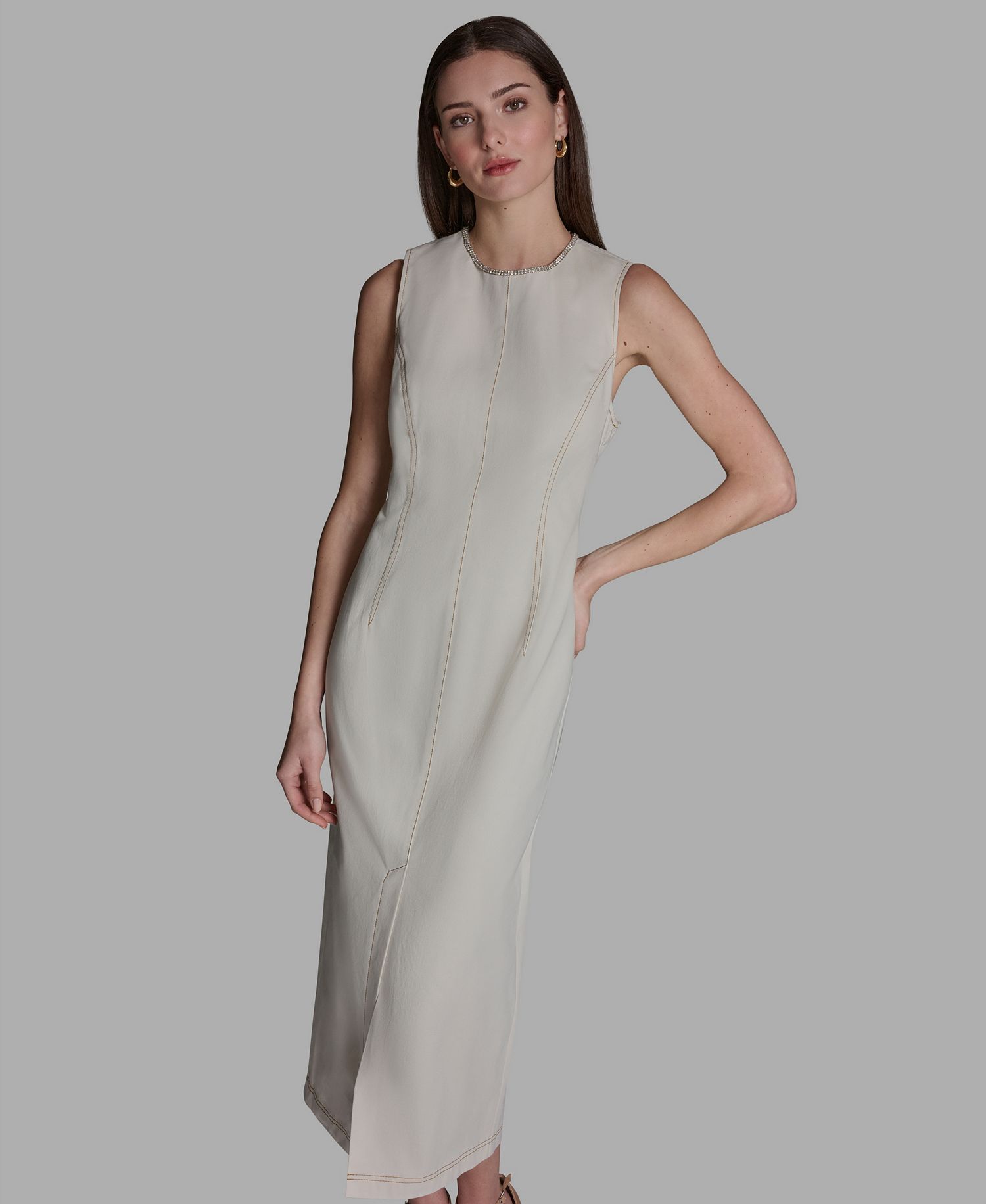 BCBG Women's Sleeveless Rhinestone Crew Neck Midi Dress