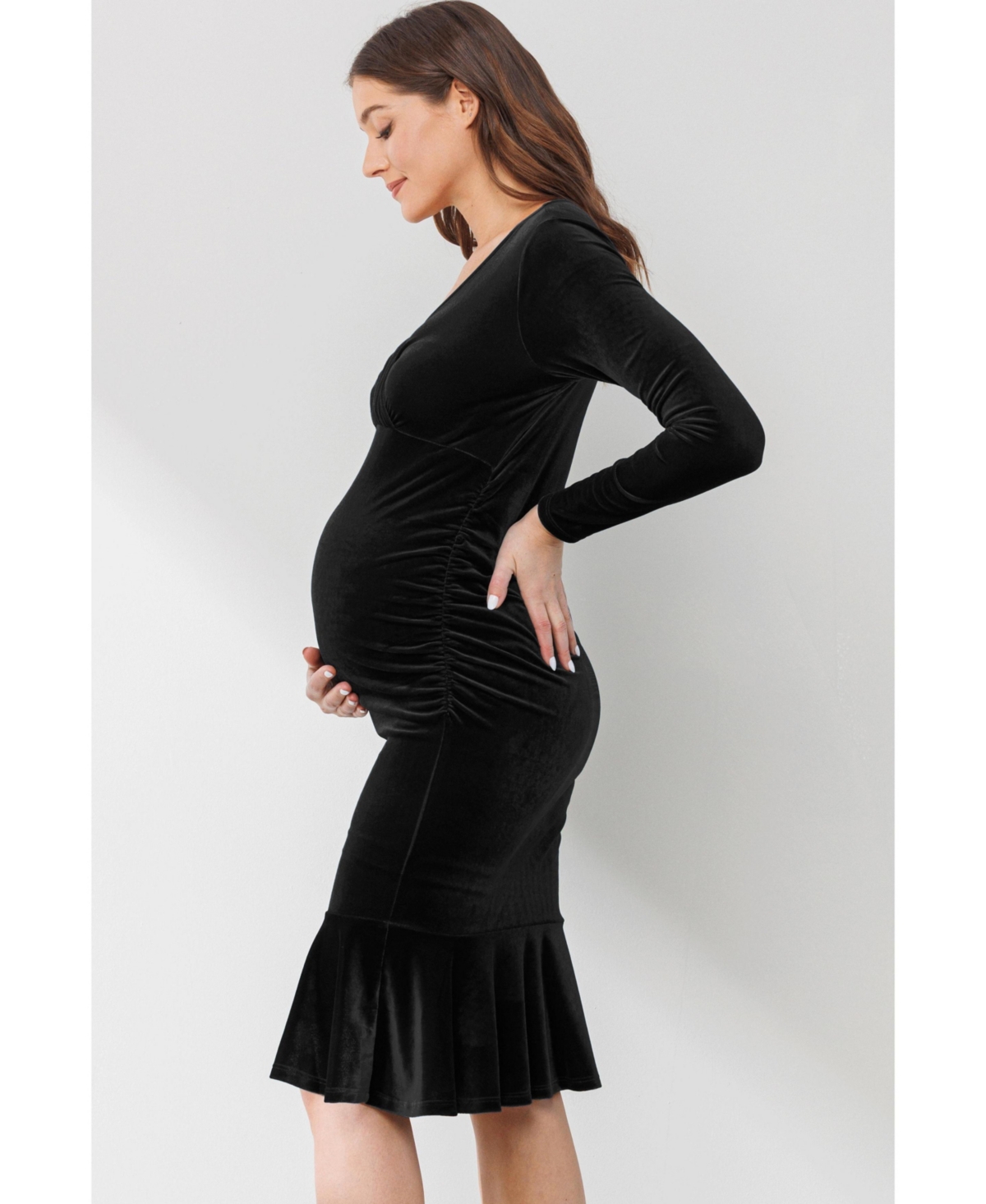 Hello Miz Maternity Velvet V Neck Long Sleeve Ruched Dress