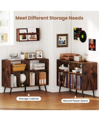 Record Player Stand with Charging Station and Open Shelves