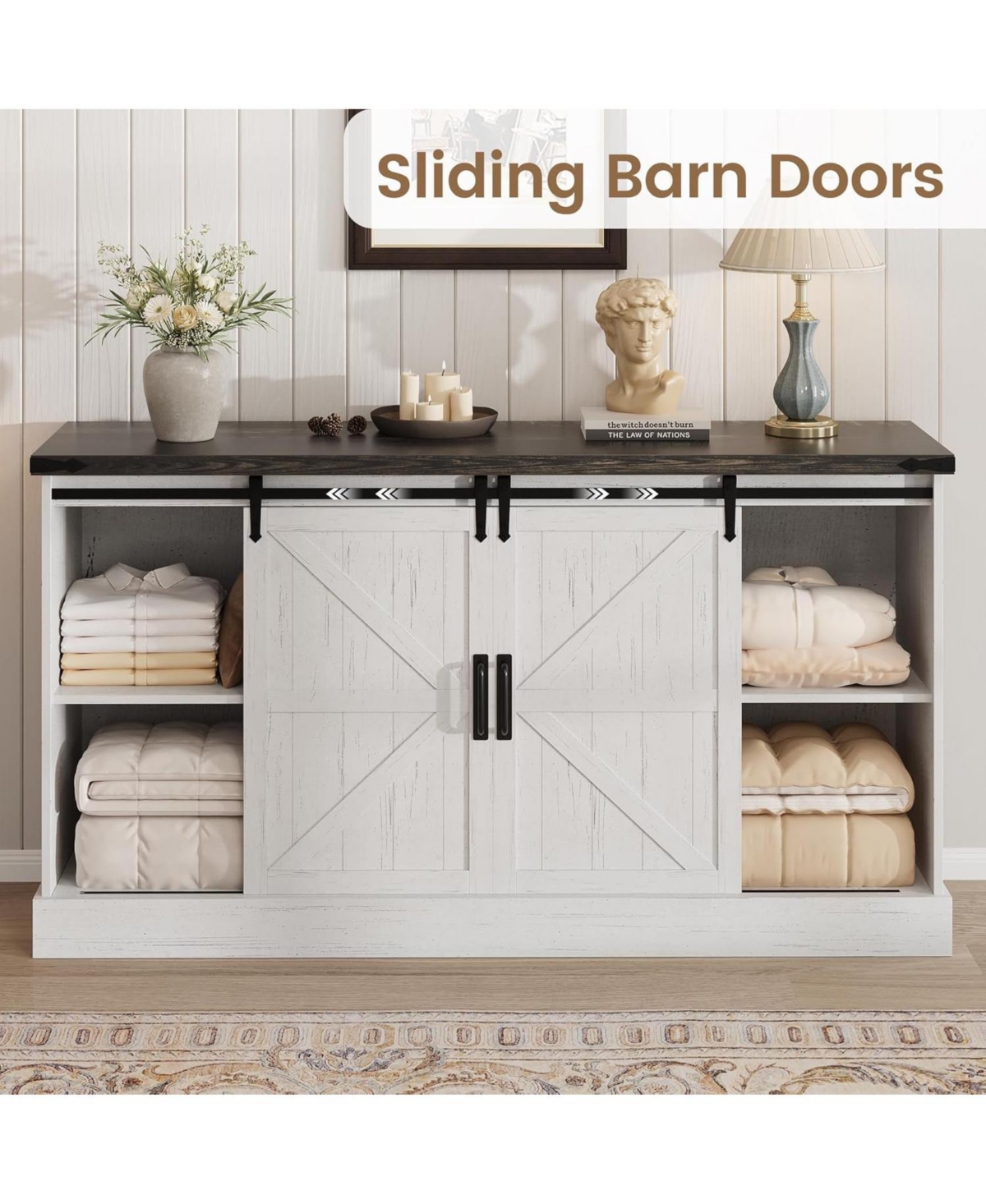 gaomon 4-Drawer Farmhouse Dresser with Sliding Barn Doors, Antique White Mdf Tv Stand, Storage Chest, Bedroom