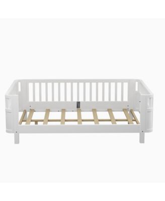 Full Size Wood Platform Bed for Kids with Low Profile and Safety Rails, White (Patented Design)