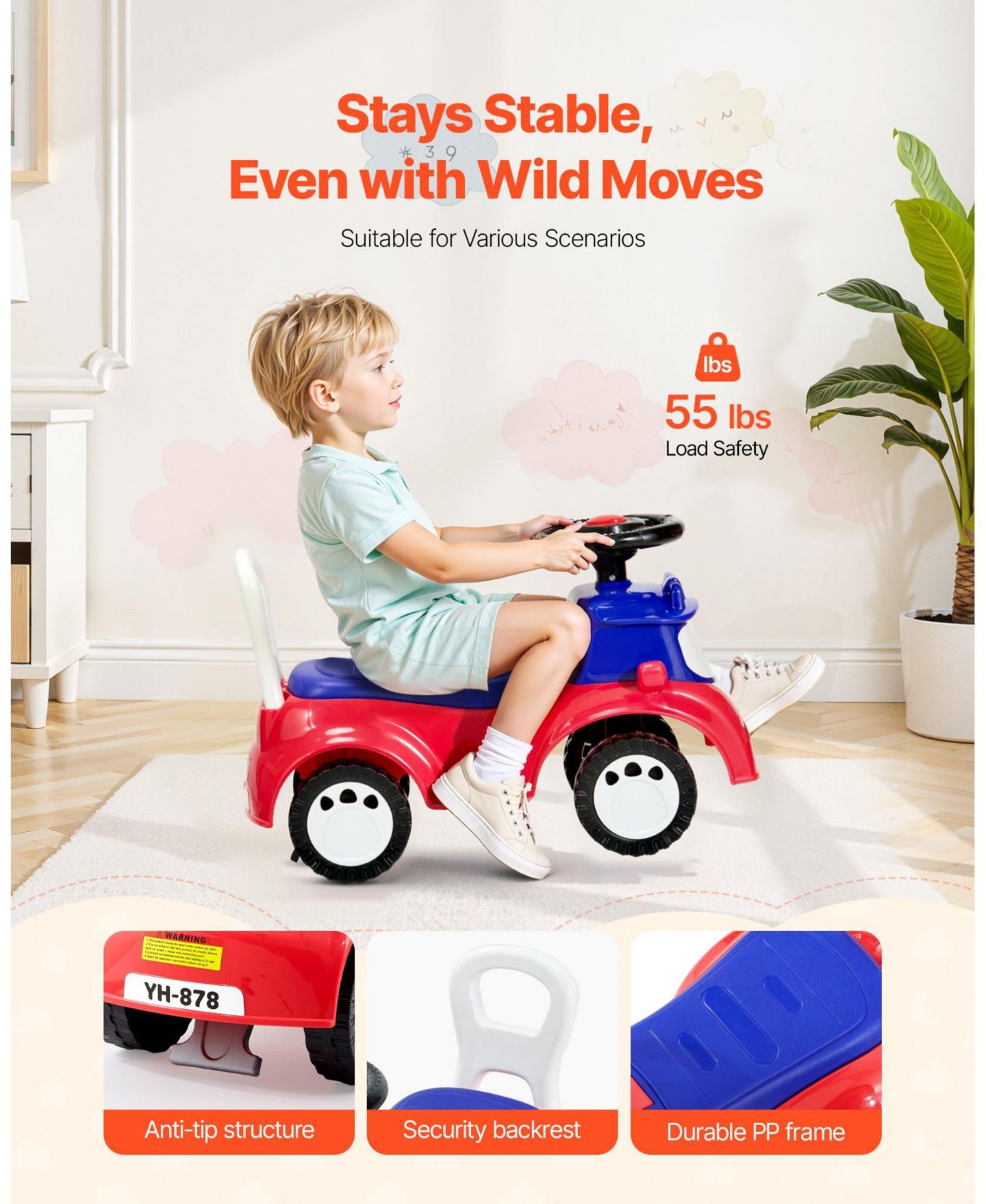 Детская игрушка HONGGE Toddler Ride-On Car with Anti-Tip Design, Light-Up Steering Wheel & Storage, Ages 18 Months-3 Years, цвет: Красный — фото 4