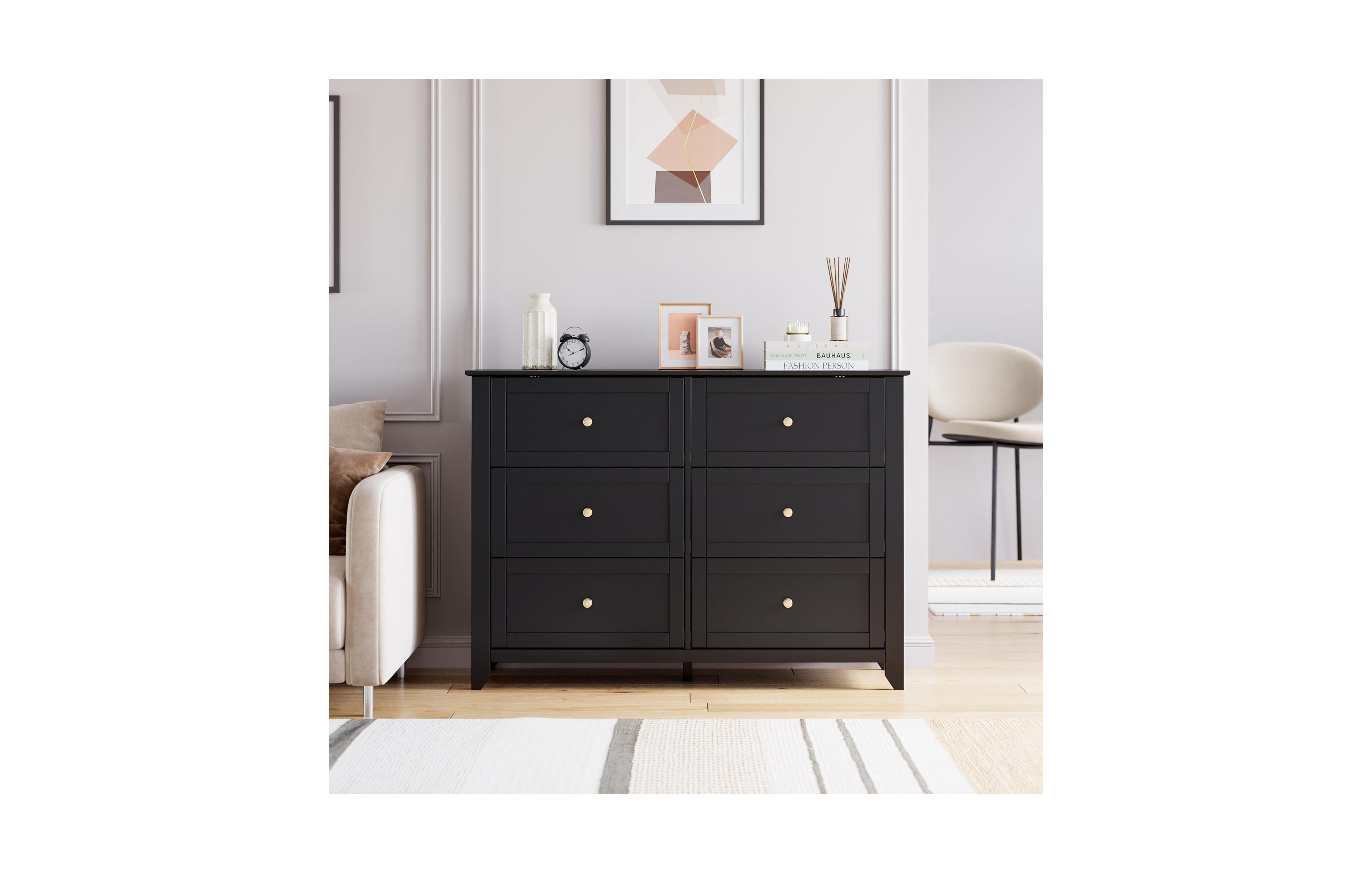 gaomon Wooden Modern Chest with Deep Drawers, Nickel Round Handle, Wood Storage Organizer - 6 Drawer Dresser
