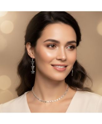 American USA Patriotic Celestial Rock Star Super Stars Thin Collarbone Necklace & Linear Dangle Earrings Jewelry Set Sterling Silver