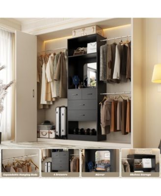 48 - 96 Inch Wide Adjustable Closet Organizer with 4 Drawers, 3 Hanging Rods, and a Mirror, Freestanding