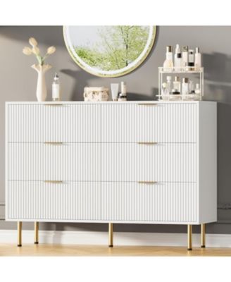 6-Drawer Modern Fluted Wood Dresser with Gold Handle, Large Storage Organizer for Bedroom, Living Room, Hallway