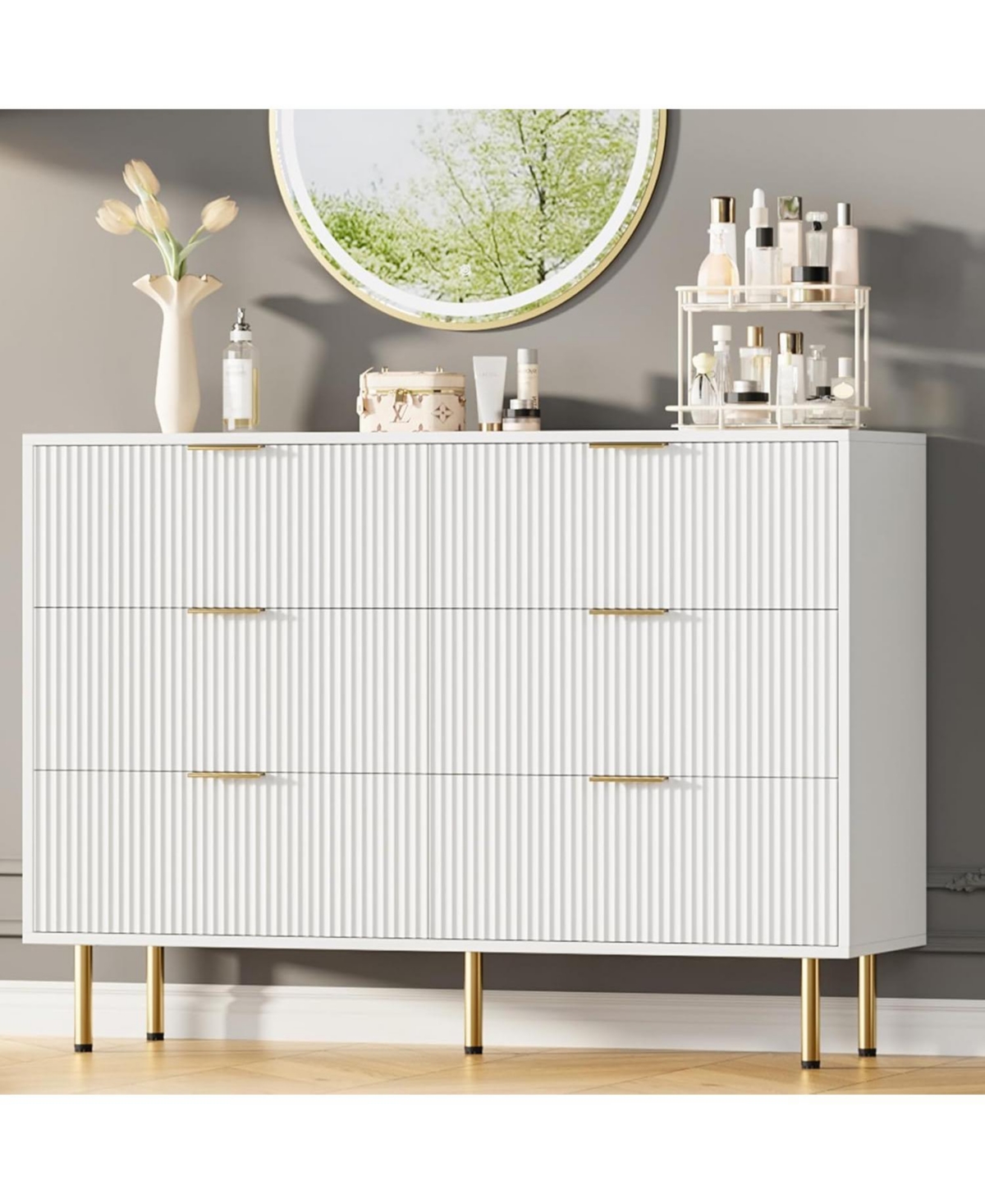 gaomon 6-Drawer Modern Fluted Wood Dresser with Gold Handle, Large Storage Organizer for Bedroom, Living Room, Hallway