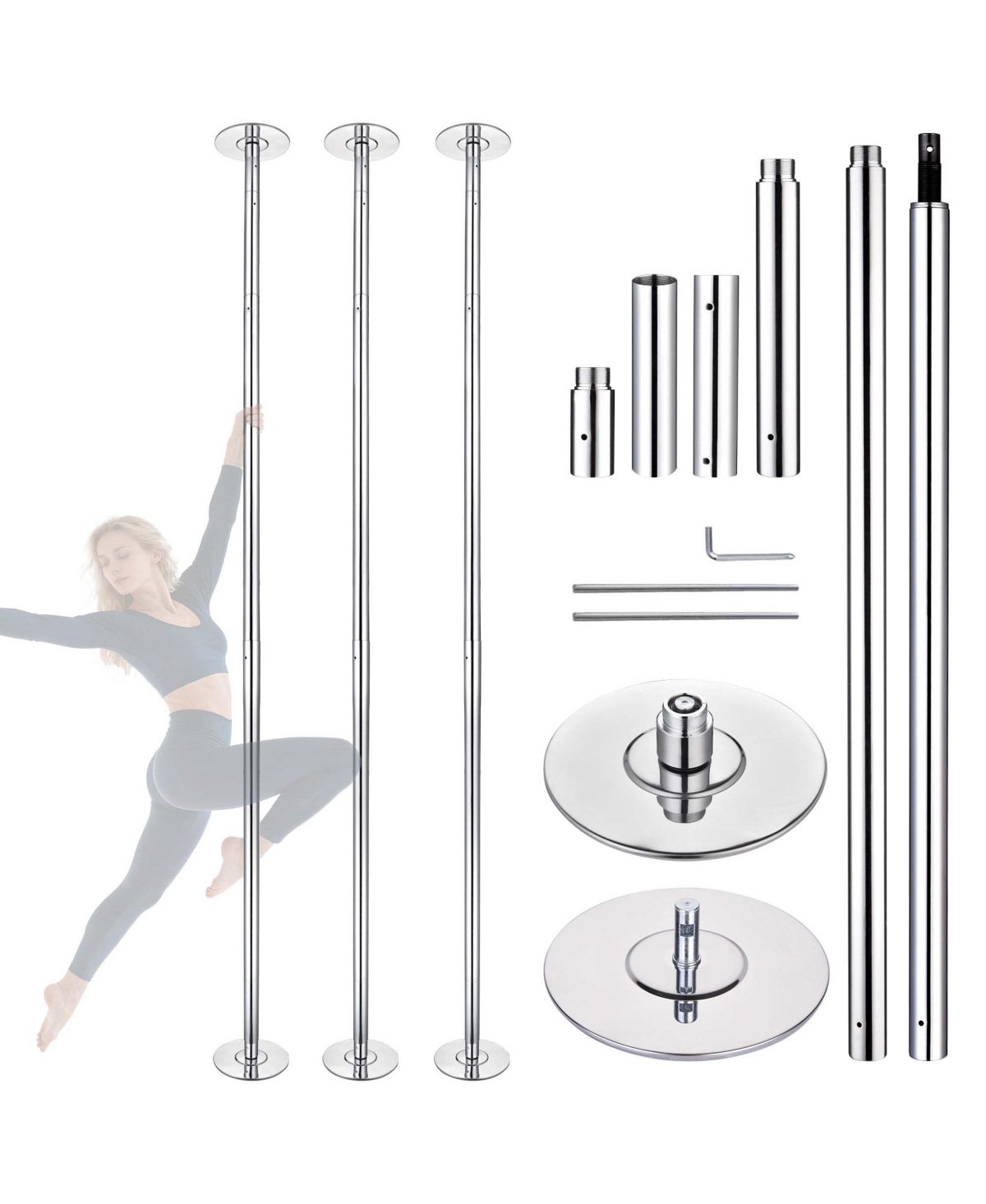 Yescom 3 Pack 9.25 Ft Spinning Static Dancing Pole Kit for Fitness Studio Club Silver