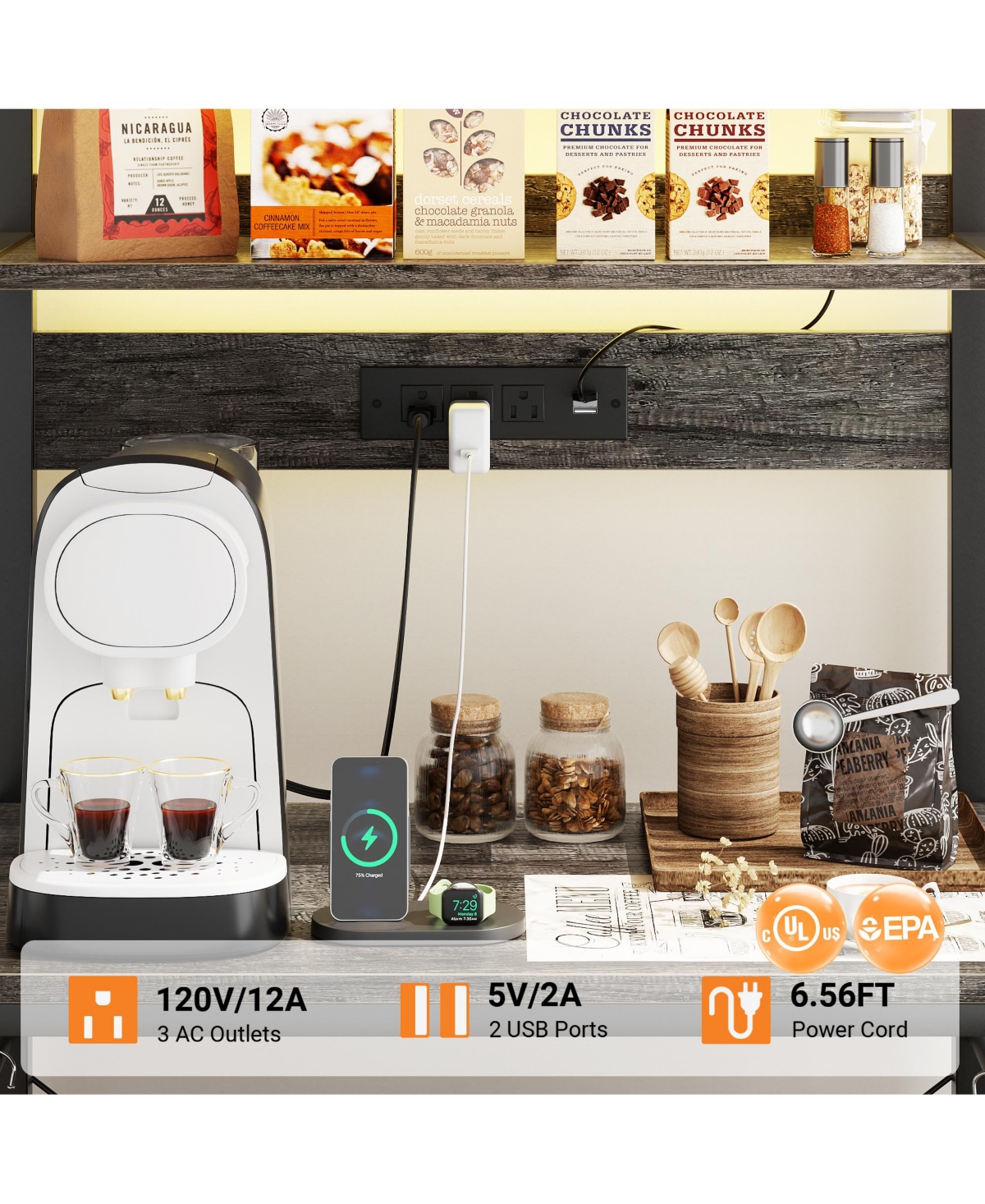 Aheaplus 23.6'' Wide Mdf/Metat Small Microwave Stand 5-Tier Bakers Rack with Power Outlet and Led Light