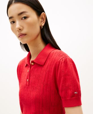 Women's Flag Pointelle Puff-Sleeve Polo Sweater