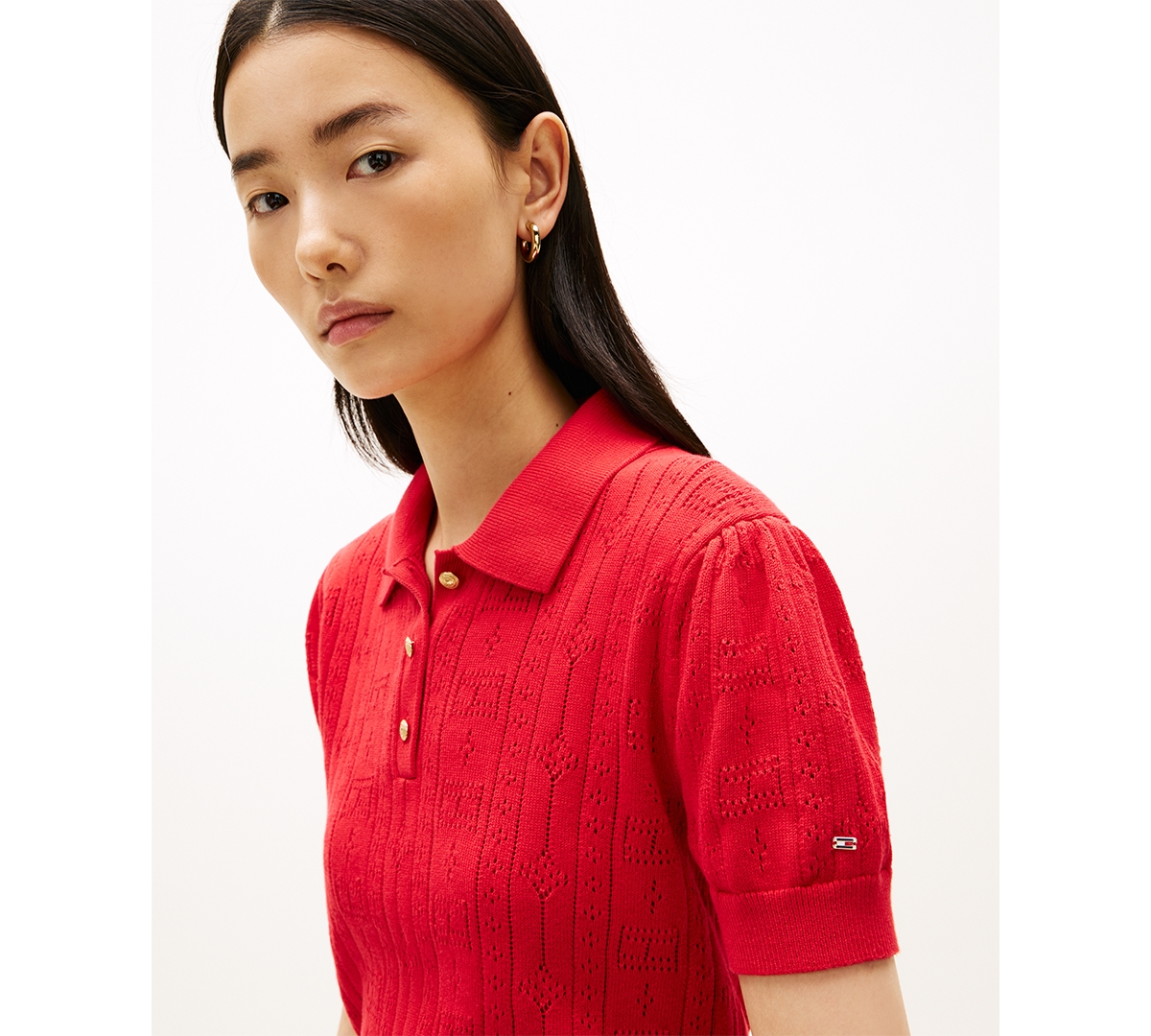 Tommy Hilfiger Women's Flag Pointelle Puff-Sleeve Polo Sweater