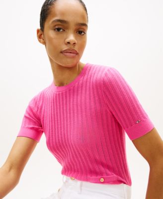 Women's Pointelle Ribbed Short-Sleeve Sweater