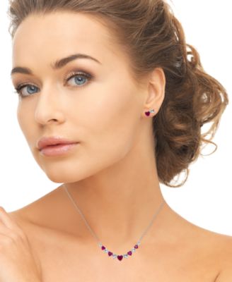 2-Pc. Lab Grown Pink Sapphire (3.58 ct. t.w.) & White Sapphire (1.36 ct. t.w.) Graduated Heart Necklace with Earrings Set in Sterling Silver