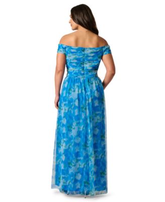 Plus Size Printed Tulle Off-the-Shoulder Gown