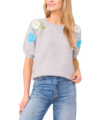 Women's Flower Embroidery Crewneck Cardigan Sweater