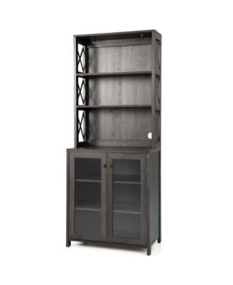 Tall Freestanding Bar Cabinet Kitchen Buffet w/ Glass Holder & Adjustable Shelf