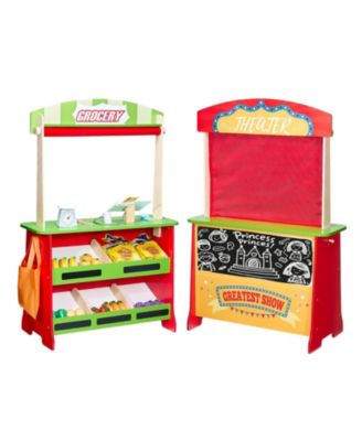 Wooden Puppet Theater and Reversible Play Store with Curtain