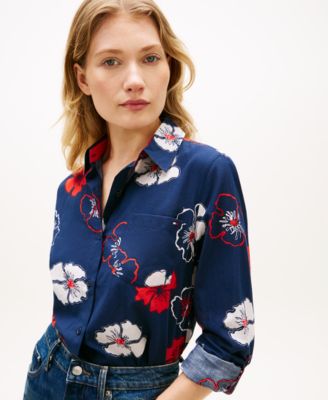 Women's Printed Button-Front Roll-Tab Shirt