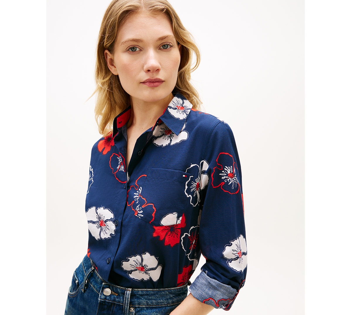 Tommy Hilfiger Women's Printed Button-Front Roll-Tab Shirt