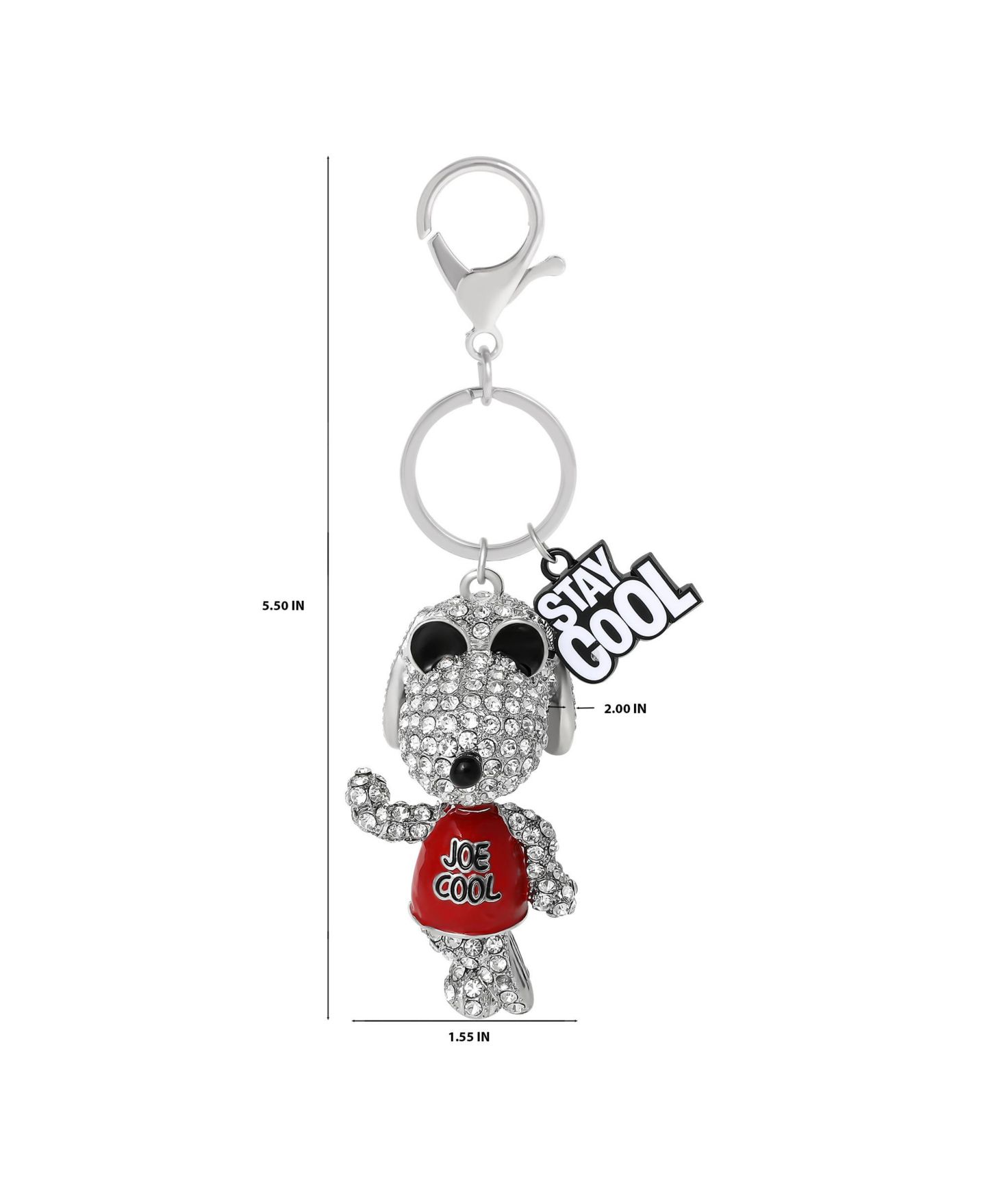 Женский брелок Peanuts Snoopy 'Joe Cool' Crystal Keychain with Stay Cool Tag, Silver Tone, цвет: Серебряный / Красный чёрный — фото 6