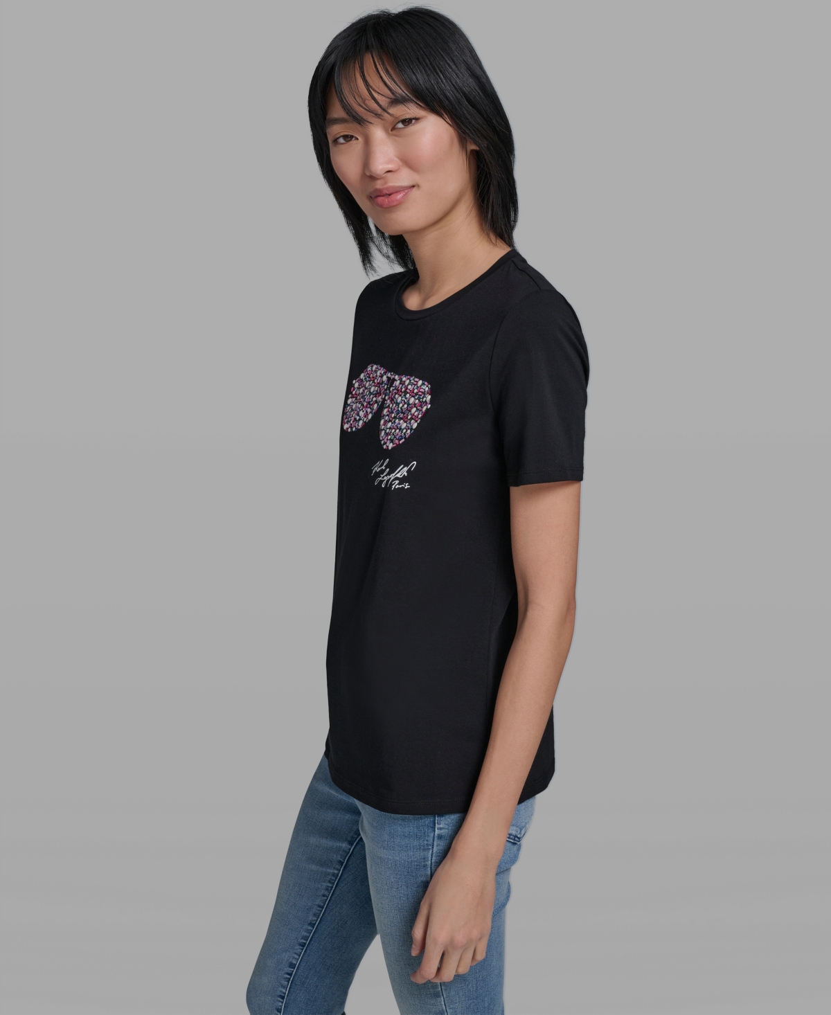 Karl Lagerfeld Paris Women's Crewneck Multi Jeweled Sunglass T-Shirt